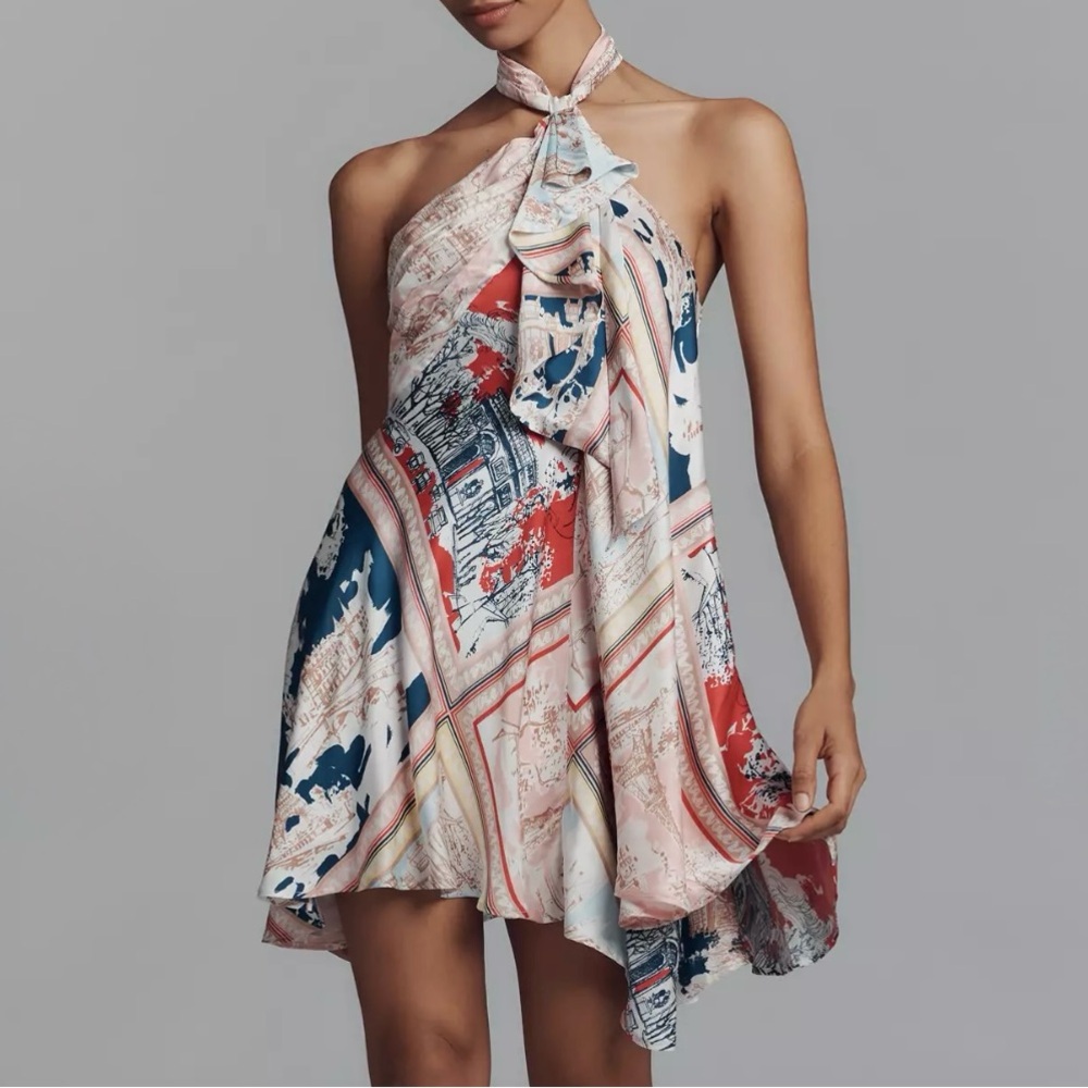 Maeve Asymmetrical Scarf Dress in Pink, Blue, and Cream